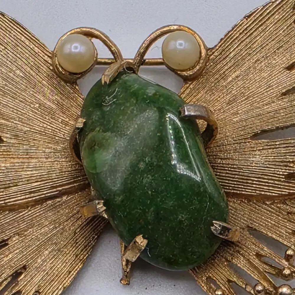 Vintage Lisner Butterfly Brooch Green Cabochon Faux Pearl Gold Tone Signed